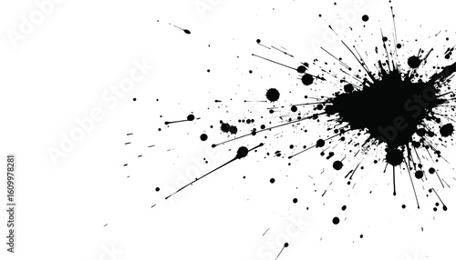 Black ink splatters and dots on a white background. Ideal for artistic designs, backgrounds, prints, posters, and creative projects.