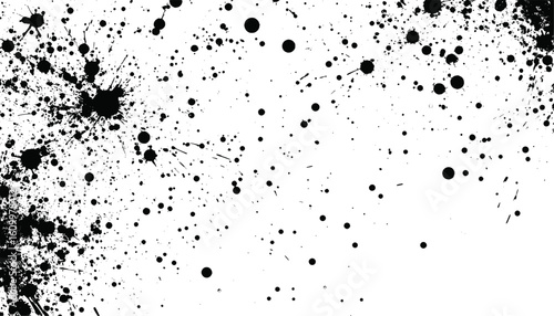 Displaying splattered black ink spots on a white background, suitable for backgrounds, posters, abstract designs, artistic projects, and creative backgrounds.