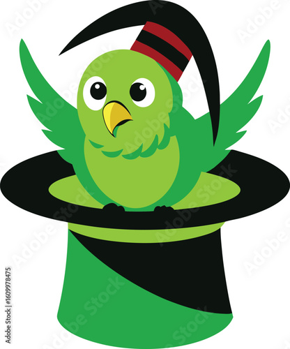 Green budgerigar bird peeking from magician hat parrot yellow beak