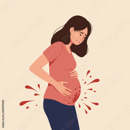 A pregnant woman with dark hair holds her belly, experiencing bleeding and distress, with tears visible on her face.