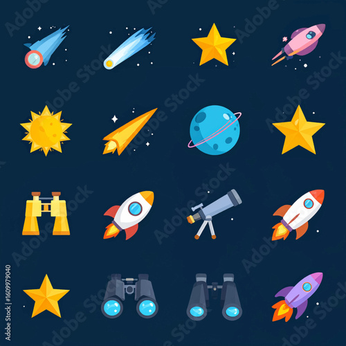 Flat icons depicting various celestial objects and space exploration tools, including stars, planets, rockets, comets, and binoculars.