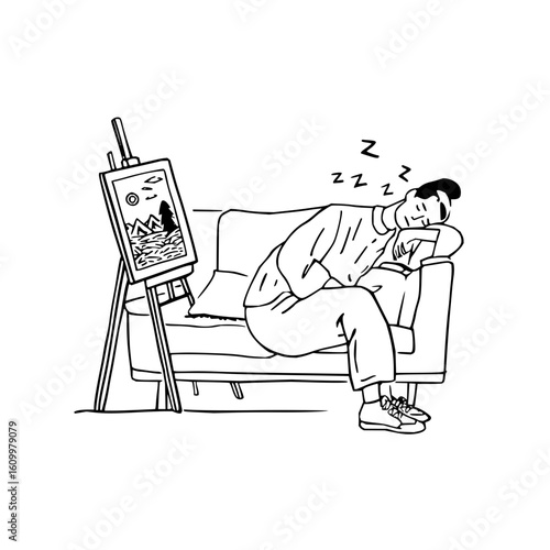 Man sleeping on a couch next to an easel with a landscape painting in black and white line art style