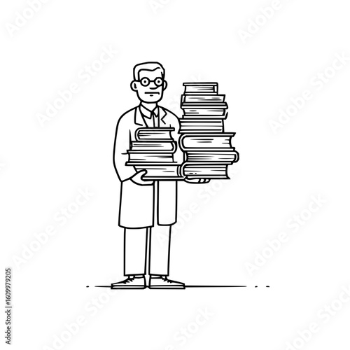Line drawing of a man with glasses and lab coat holding two stacks of books in black and white style