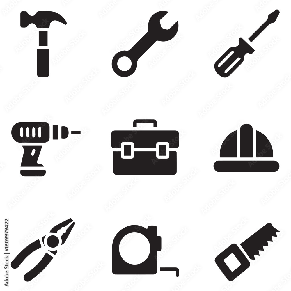 Obraz premium A set of construction and repair tools, including a hammer, wrench, screwdriver, drill, toolbox, helmet, pliers, tape measure, and saw, all rendered as minimalist icons isolated on white background