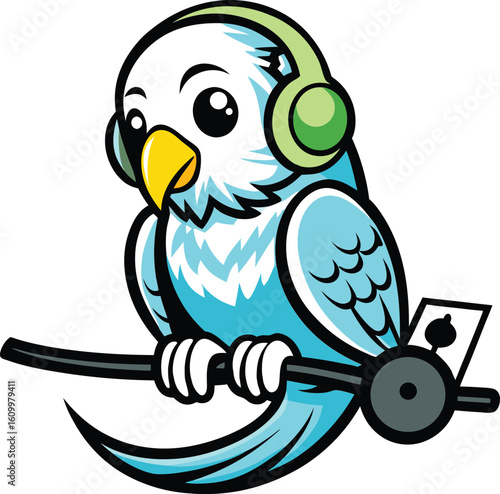 Blue budgerigar wearing headphones gripping a perch with controller bird white