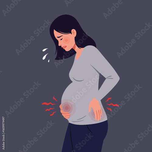 Pregnant woman experiencing pain, holding her belly and lower back in distress, with visible pain indicators.
