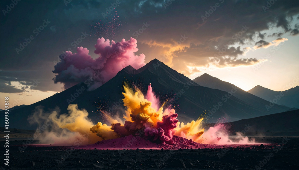 Fototapeta premium Holi Powder Explosion on Black Surface. Indian Holi Festival Concept. Generated Image