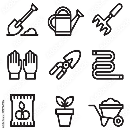 A collection of gardening icons showcases essential tools and elements, including a shovel, watering can, and rake isolated on white background