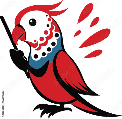 Cartoon parrot holding paintbrush red blue white budgie bird