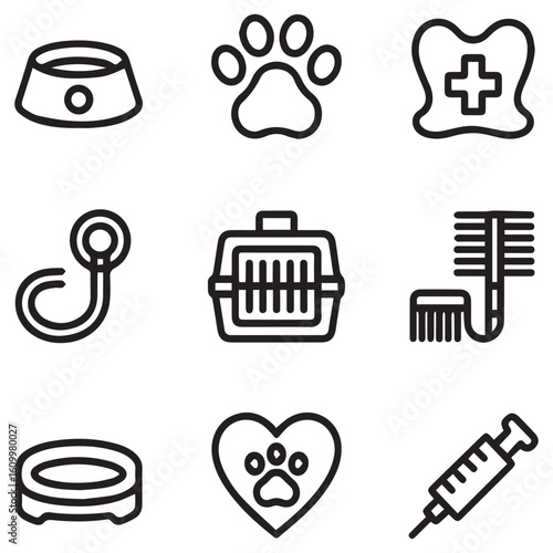 A set of pet care icons depicting veterinary services, grooming tools, and animal accessories