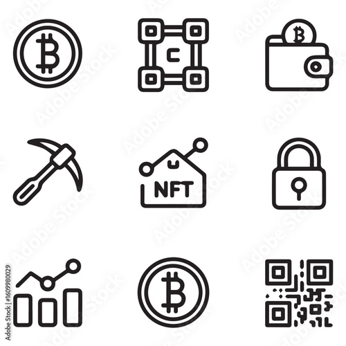 A set of cryptocurrency icons depicting blockchain technology, bitcoin mining, and digital asset management