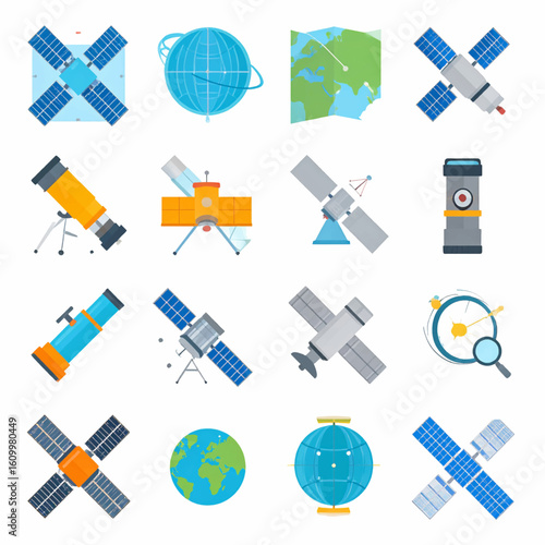 Flat icons depicting various space exploration tools and objects, including satellites, globes, telescopes, and maps.