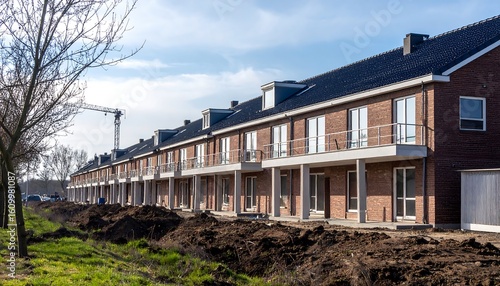 Row of new brick townhouses under construction, with visible patios and a crane in the background