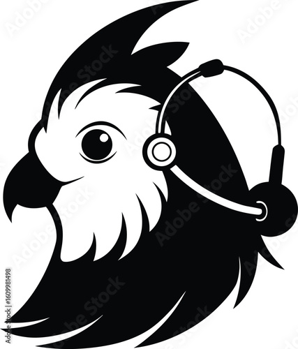 Black and white illustration of a bird wearing headphones budgie parrot
