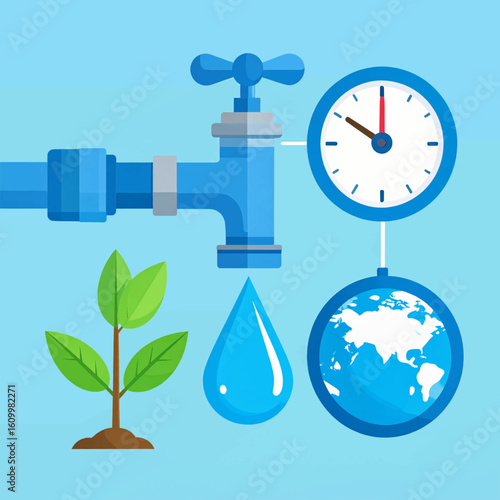Water conservation: a faucet, plant, globe, and clock illustrate the importance of mindful water usage and its global impact on plant life.