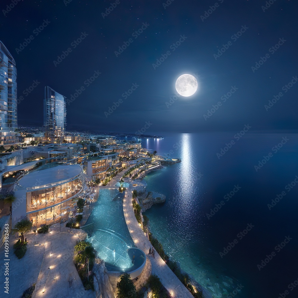 Fototapeta premium A casino of lebanon by night time, in 2050, with full moon reflecting on the sea next to it