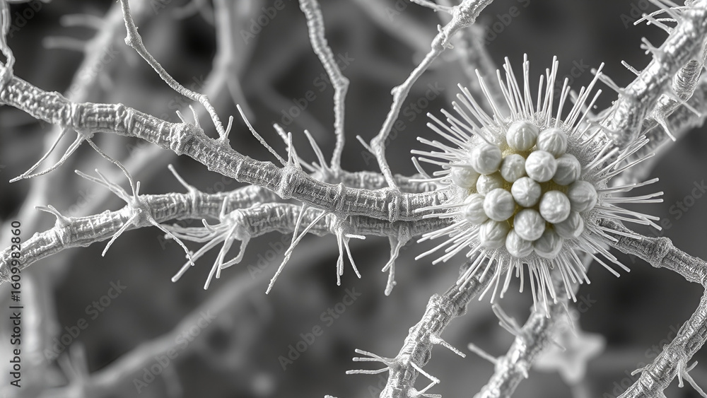 Obraz premium SEM of cable bacteria dissimilating metals: 1. [Action] Metal ion consumption along filaments 2. [Detail] Sulfur granules forming at cell junctions 3. [Style] Metallic surface texture with depth map