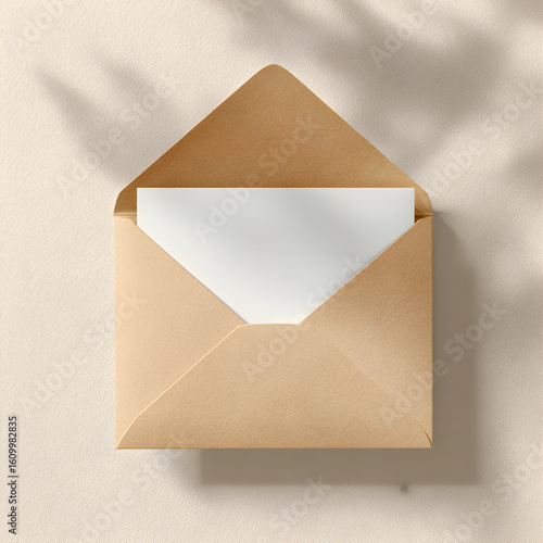 A light beige envelope with a white card partially inside, minimal aesthetic, placed on a soft neutral background (light cream or warm grey), texture of paper, product photography style