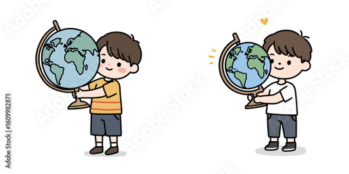Boy holding globel, simple doodle drawing in flat style