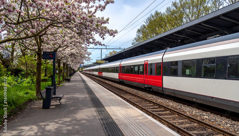 Fototapeta premium Spring train station with cherry blossoms
