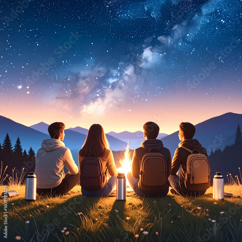 Four friends sit around a campfire at night, enjoying the starry sky and mountain views.