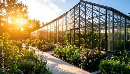 Large glass greenhouse at sunset, filled with plants