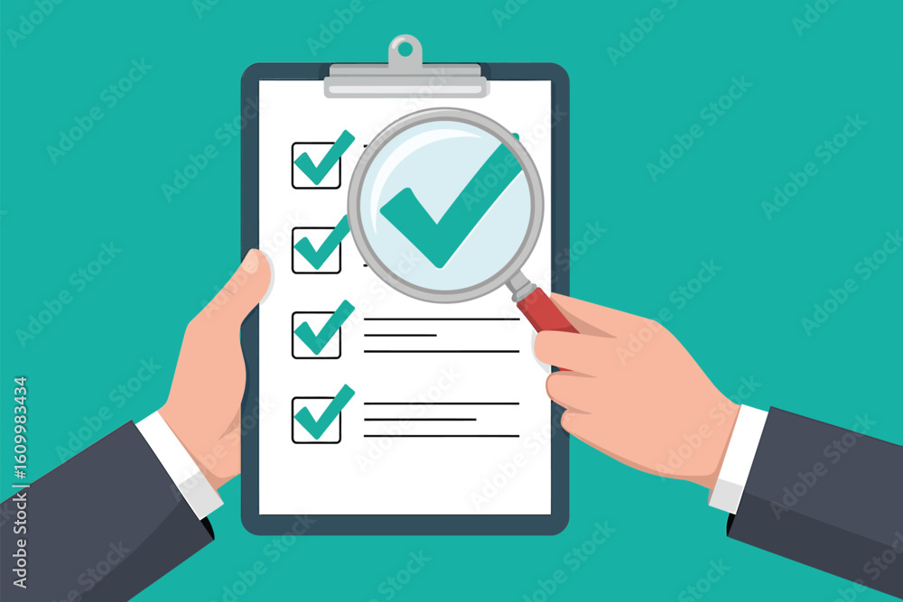 Hands holding clipboard with checklist and magnifying glass focusing on a large checkmark, symbolizing successful task completion and meticulous review for business accuracy and project success. Hands holding clipboard with checklist and magnifying glass focusing on a large checkmark, symbolizing successful task completion and meticulous review for business accuracy and project success.
