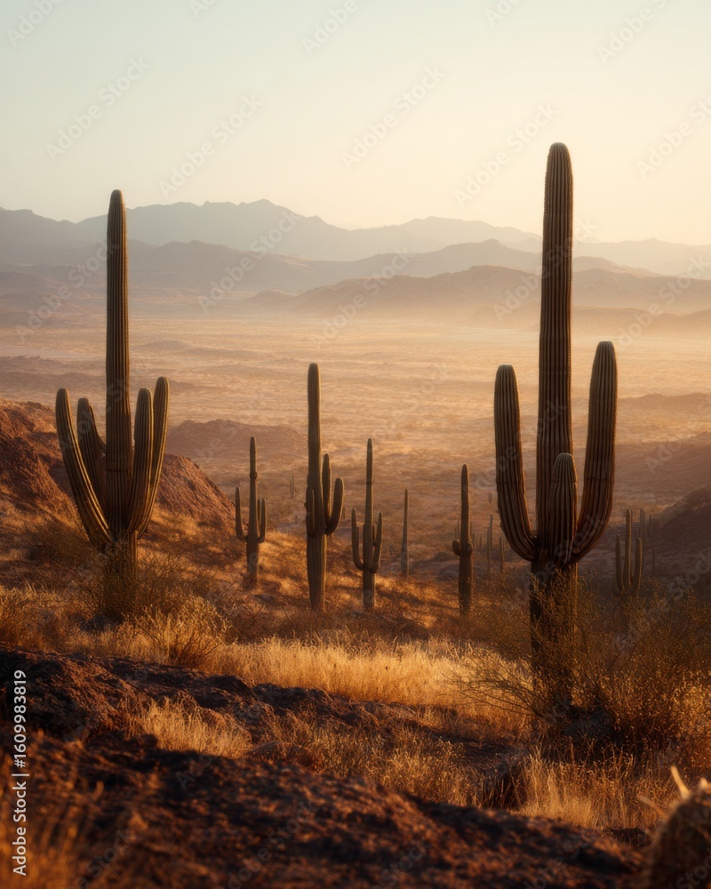 Vast desert landscape with tall cactus silhouettes and evening gradient sky. Vast desert landscape with tall cactus silhouettes and evening gradient sky.