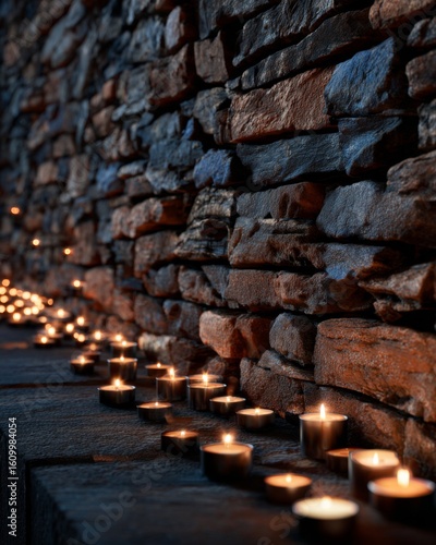 Textured stone wall illuminated by rows of candles in moody ambiance.