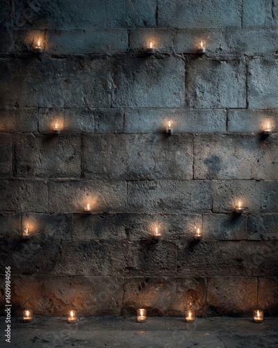 Textured stone wall illuminated by rows of candles in moody ambiance.