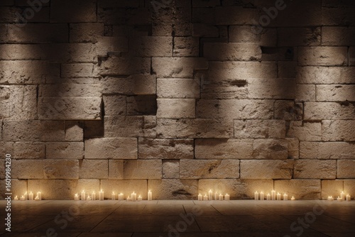 Textured stone wall illuminated by rows of candles in moody ambiance.