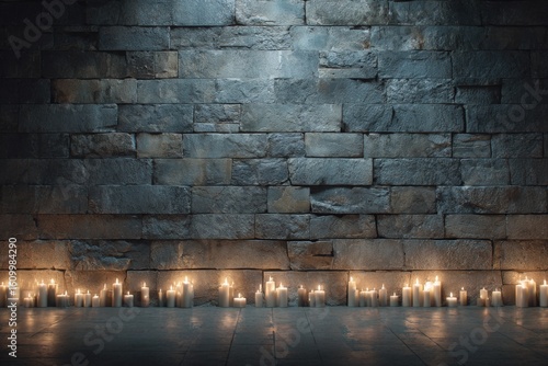 Textured stone wall illuminated by rows of candles in moody ambiance.