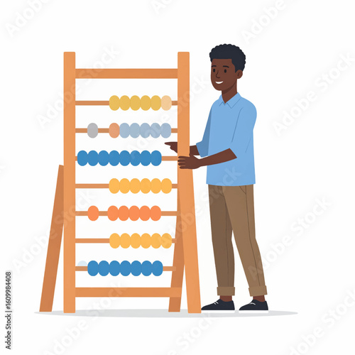 A young man interacts with a large wooden abacus, examining the colorful beads.