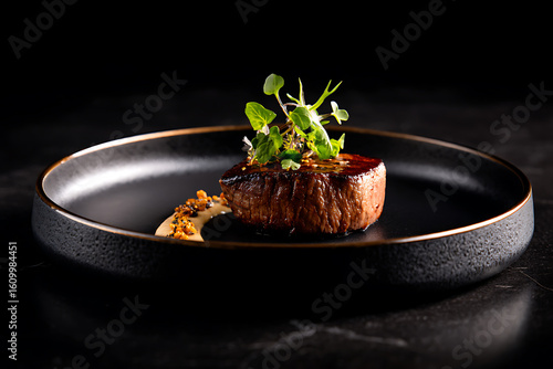 Fototapeta Naklejka Na Ścianę i Meble -  gourmet food photography, michelin-style luxury steak dish with dramatic shadows set against a black background