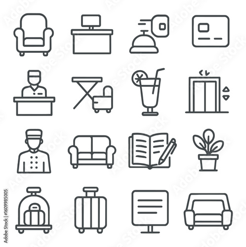 Hotel services: concierge, amenities, and relaxation icons set