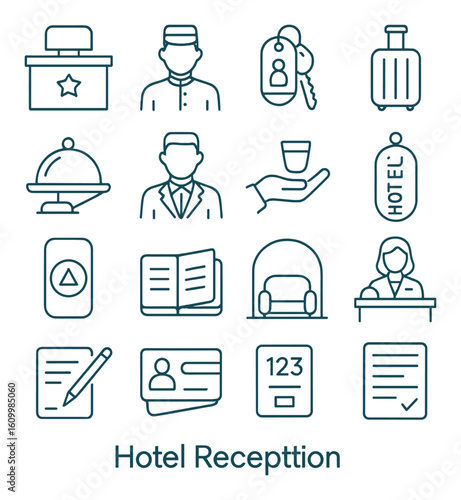 Hotel reception icons: bell, key, concierge, luggage, guest services