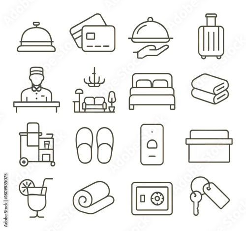Hotel service icons: amenities, room, concierge, dining, comfort, luggage