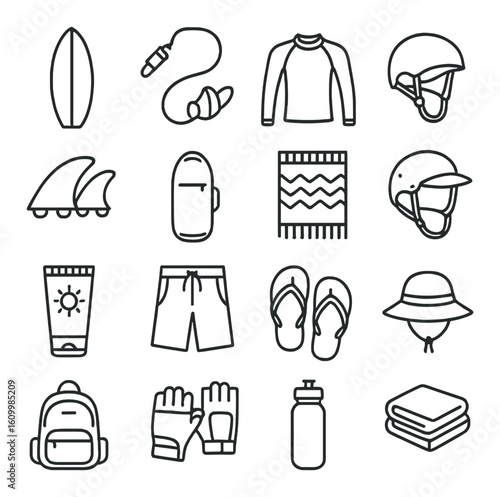 Essential surf gear icons: board, wetsuit, helmet, fins, sunscreen, backpack, gloves, water bottle