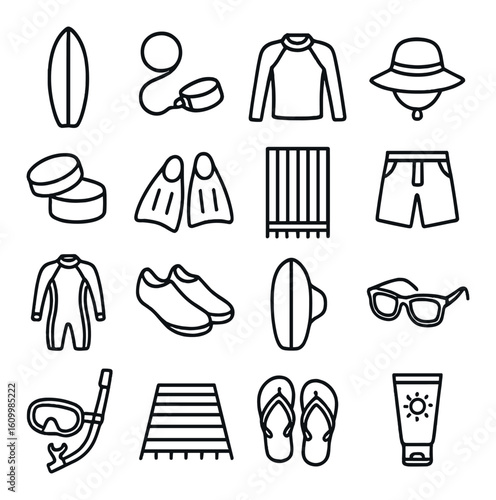 Beach essentials icons: surfboard, swimwear, snorkel, sunhat, sunglasses, sunscreen, flip-flops