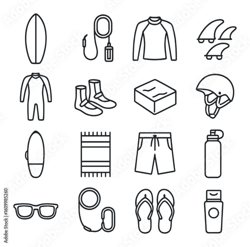 Collection of surfing gear and accessories: wetsuit, surfboard, fins, helmet, and more