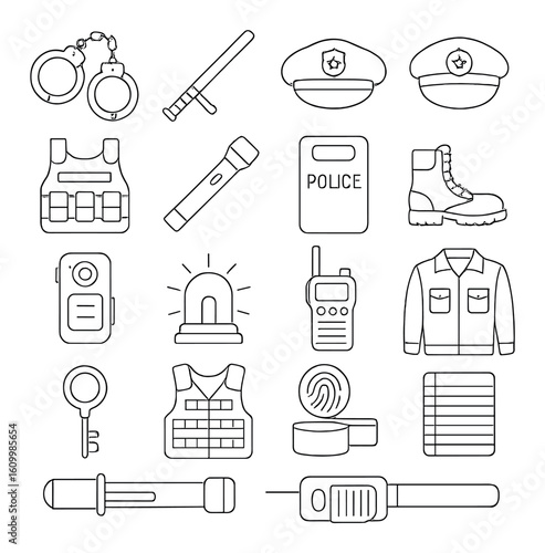 Outline icons of police equipment and uniform essentials
