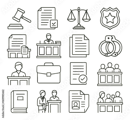 Outline icons of justice system elements including documents and courtroom scenes