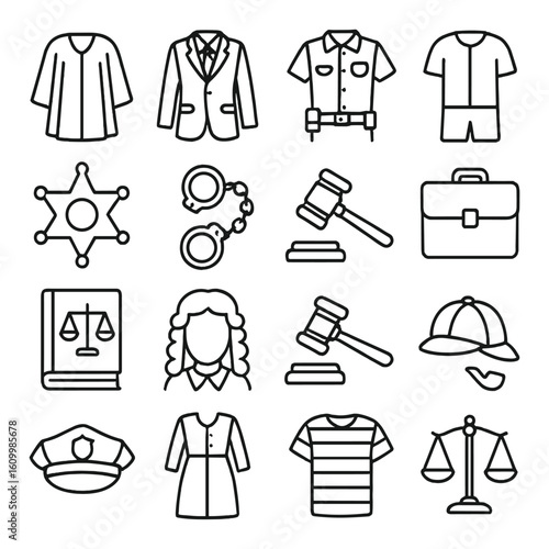 Law and order icons: legal symbols of justice in monochrome style