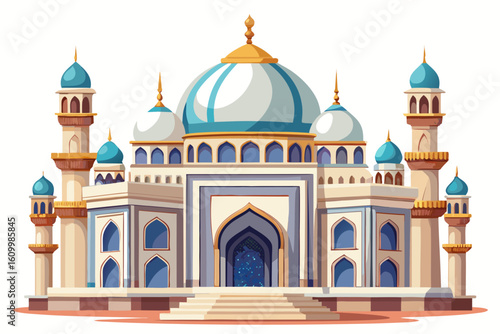 vector of A magnificent mosque mostly made of white stone with a large central dome as a focal point isolated against a background of clear...