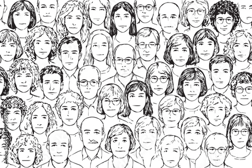 A black and white illustration of diverse human faces arranged in a grid, showcasing a variety of individuals with different hairstyles, ages, and expressions