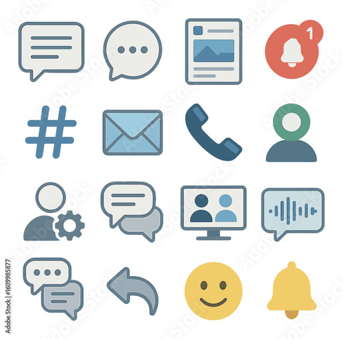 Social media and communication icons set featuring speech bubbles, email, hashtag, notification