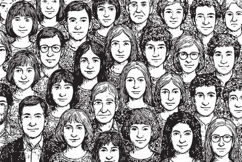 A monochrome artwork featuring a collection of diverse faces, each distinct in age, hairstyle, and gender, representing the beauty of human diversity in a detailed line drawing
