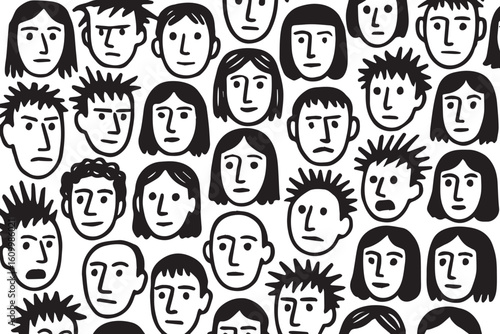 A vibrant collection of cartoon faces, each with unique hairstyles and emotive expressions, capturing a wide range of emotions and personality in a creative design