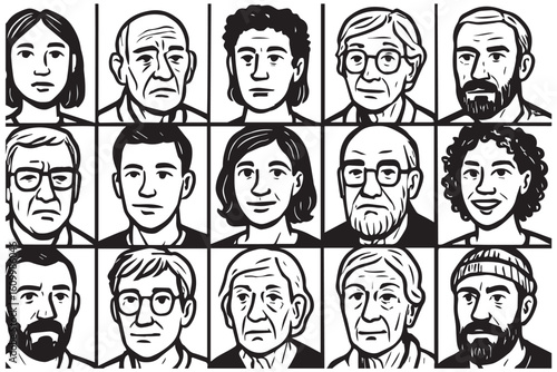 A diverse collection of hand drawn portraits featuring individuals of various ages and ethnic backgrounds, captured in a grid with different facial expressions