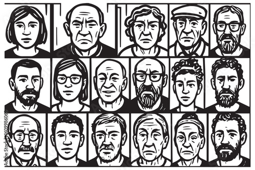 A monochrome mosaic of unique hand drawn faces from different demographics, each displaying varied emotions, showcasing the diversity and complexity of human expressions